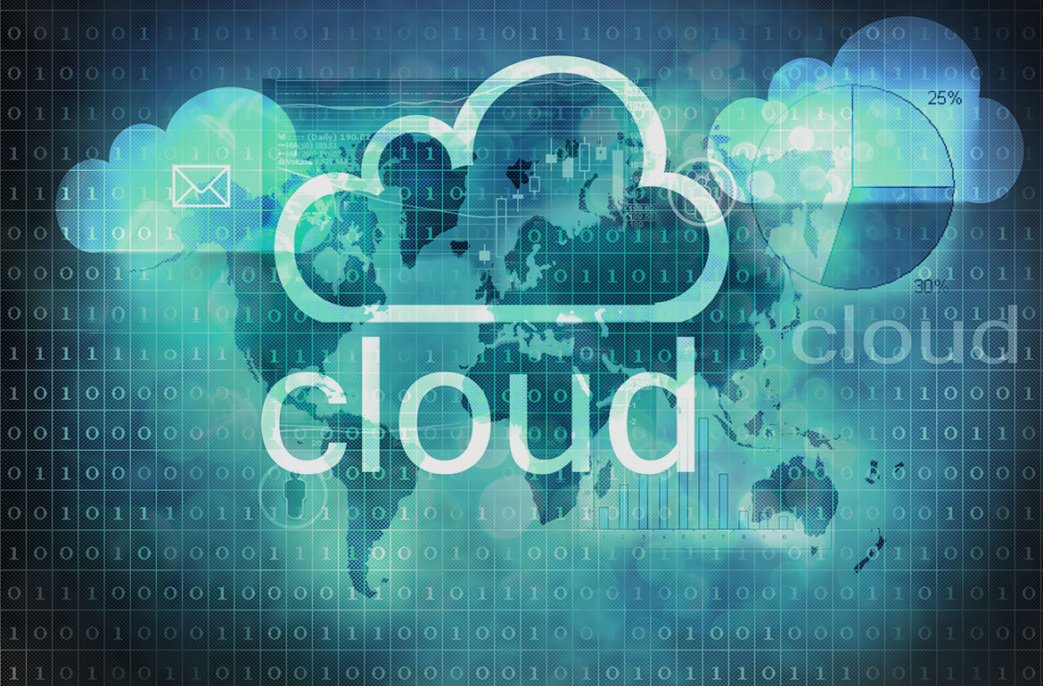 IT technology cloud background with numbers, clouds and charts